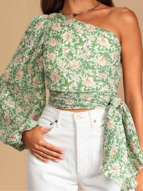 Lulu's Green Floral One-Shoulder Tie-Wrap Top